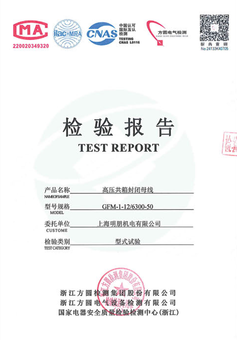 高压共箱封闭母线检验报告